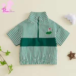 Kid Boy Summer Stripe T-Shirt Golf Embroidery Short Sleeve Stand Collar Quarter Zipper Tops