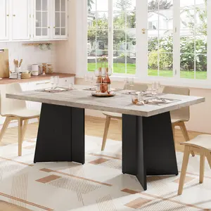 Modern Farmhouse Rectangular Dining Table for 6-8, Wooden Top with Durable Metal Pedestal Legs