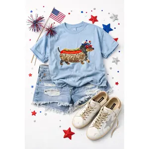 4th of July Dog Hot Dog Sequin Patch Tshirt