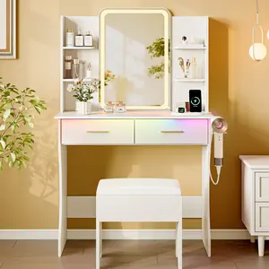 Led Light Makeup Vanity Desk with Lighted Mirror & Power Outlet,  Makeup Vanity Table Set with Storage Drawers & Chair, 3 Lighting Color Adjustable