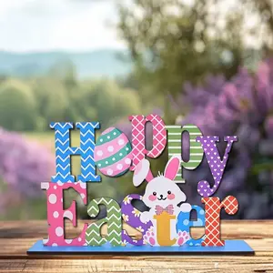 Happy Easter Wooden Sign, Colorful Easter Rabbit & Egg Design Tabletop Decoration, Spring Festive Stand Sign, Tabletop Centerpiece Decor for Party Office, Ornaments