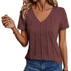 Flamingals Solid Pleated V Neck Short Sleeve T-Shirt Womenswear Summer Vibes
