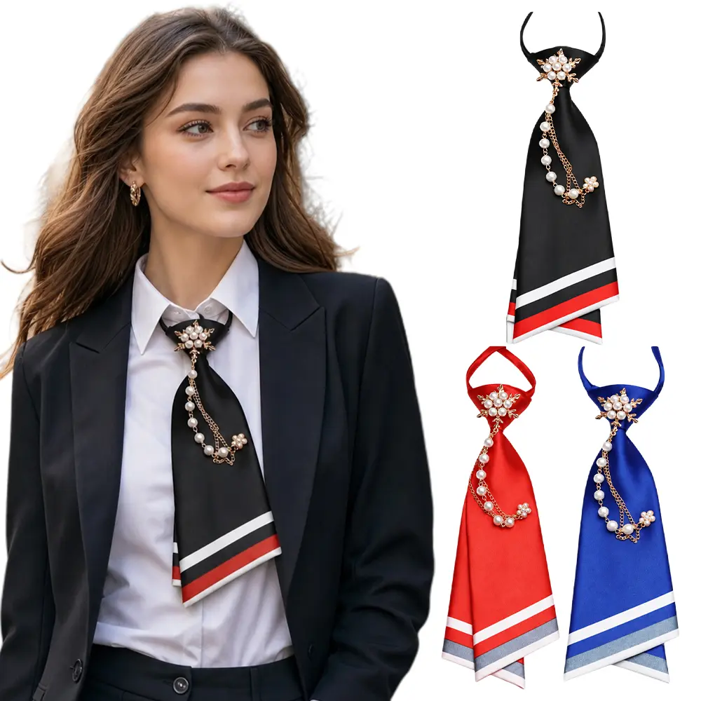 3PCS Women's Adjustable Pre-Tied Necktie with Chain Accent Collar Tie - Preppy Suitable for School Uniforms, Office, Parties & Daily Wear, Hand Washable -Tie for Uniforms, Outfits, Professional Attire