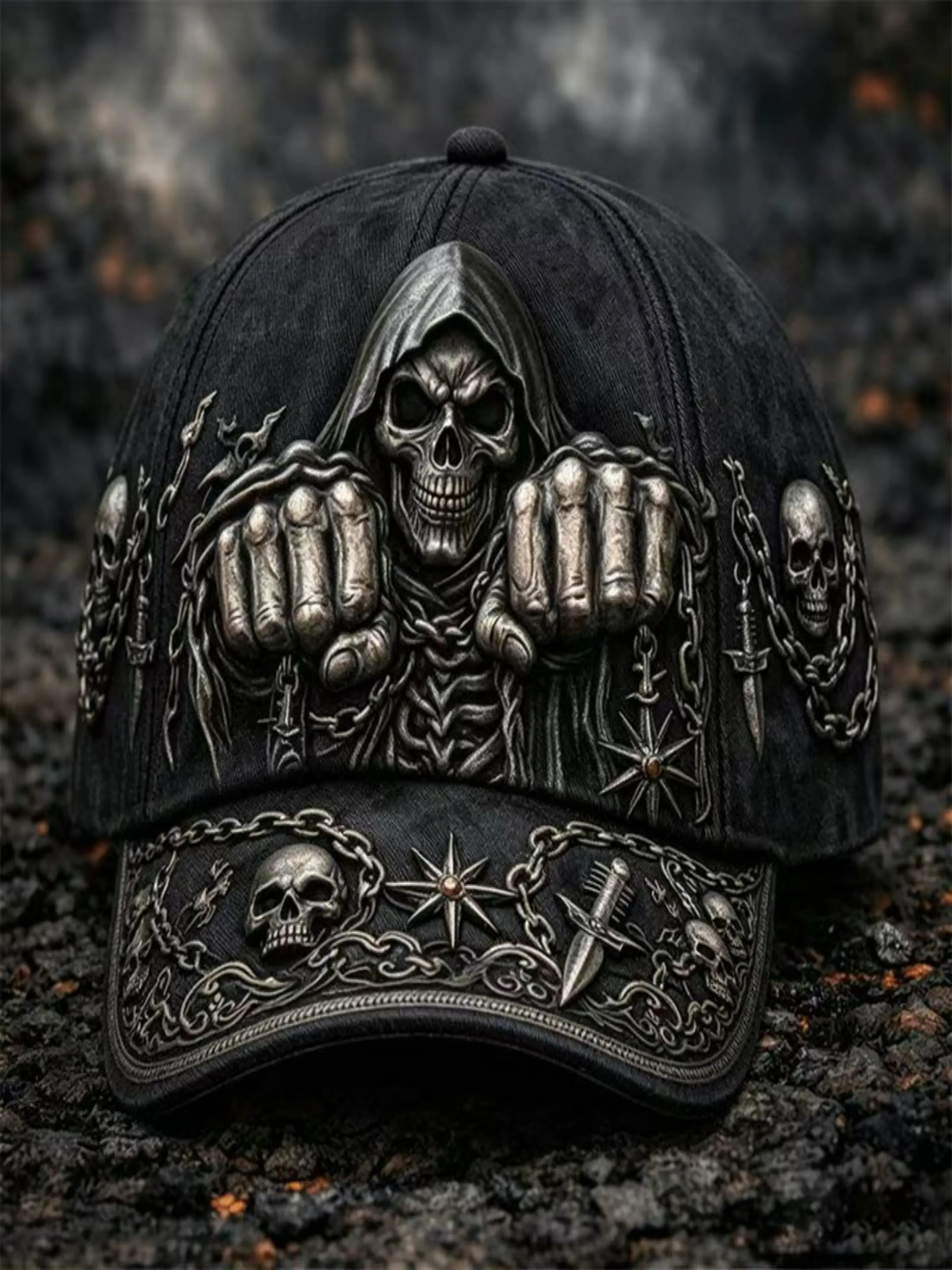 Gothic Aesthetic Death God 3D Baseball Hat, Graphic Hats, Skull and Chain Metal Effect, Adjustable Casual Everyday Wear Sun Hat, Punk Style, Halloween Cosplay Gift