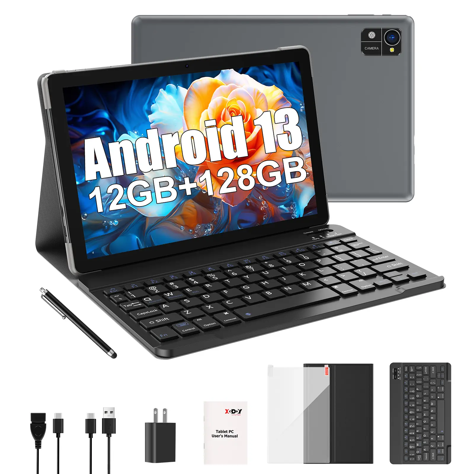 Xgody N02 Pro Android 13 Tablet - 12GB RAM, 128GB Storage (Expandable to 1TB), Quad-Core, 7000mAh Battery, Dual Camera, Includes Case & Keyboard-Grey