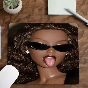 Cool Black Doll Sunglasses Tongue Out Square Gaming Mouse Pad, Edgy Y2K Aesthetic Design, Desktop Decor, Desktop Accessory, Non-Slip Rubber Mousepad with Stitched Edge, Small Mouse Pad for Laptop PC Gaming Work Daily Use, Gift for Y2K & Fashion Fans