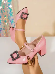Women's Spring Summer Rhinestone Pointed Toe Block Heel Pumps, Shallow Mouth One Buckle High Heels