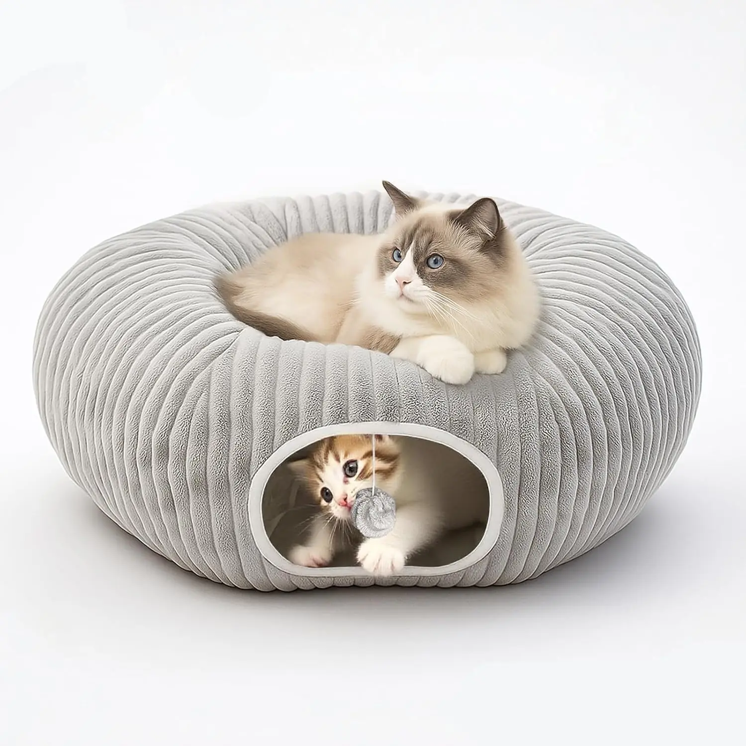 Tunnel Bed for Indoor Cats, Peekaboo  Cave Bed,Soft  Donut Tunnel for Kitten Large Cats, Grey