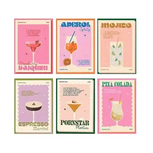 6pcs Retro Cocktail Drinks Canvas Wall Art, Artistic Colorful Juice Drinks Wall Decor, Cute Preppy Room Aesthetic Artwork Wall Painting, For Living Room Bedroom Bathroom Restaurant Bar Hallway Kitchen Wall Decor, Frameless