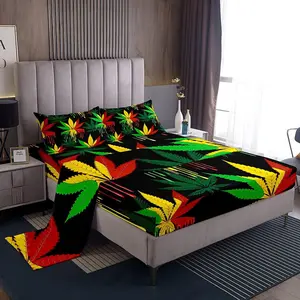 Feelyou Unique Cannabis Theme Bed Set, Colorful Leaf Print Bedding Sheet Set, Decorative Linens for Men's Adult Bedrooms