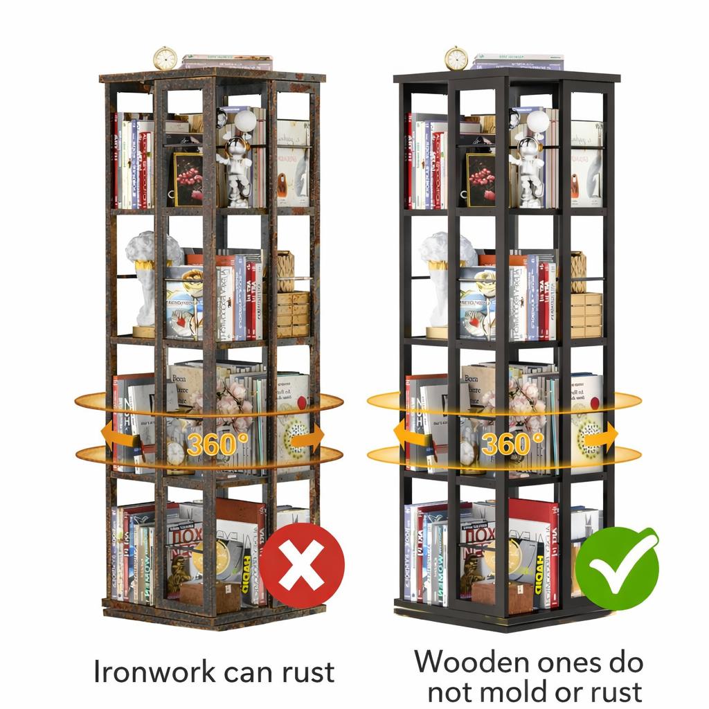 Unikito Wooden 360° Rotating Bookshelf, 4-Tier Solid Spinning Bookcase with 16 Compartments, Space-Saving Design for Living Room, Bedroom, Office
