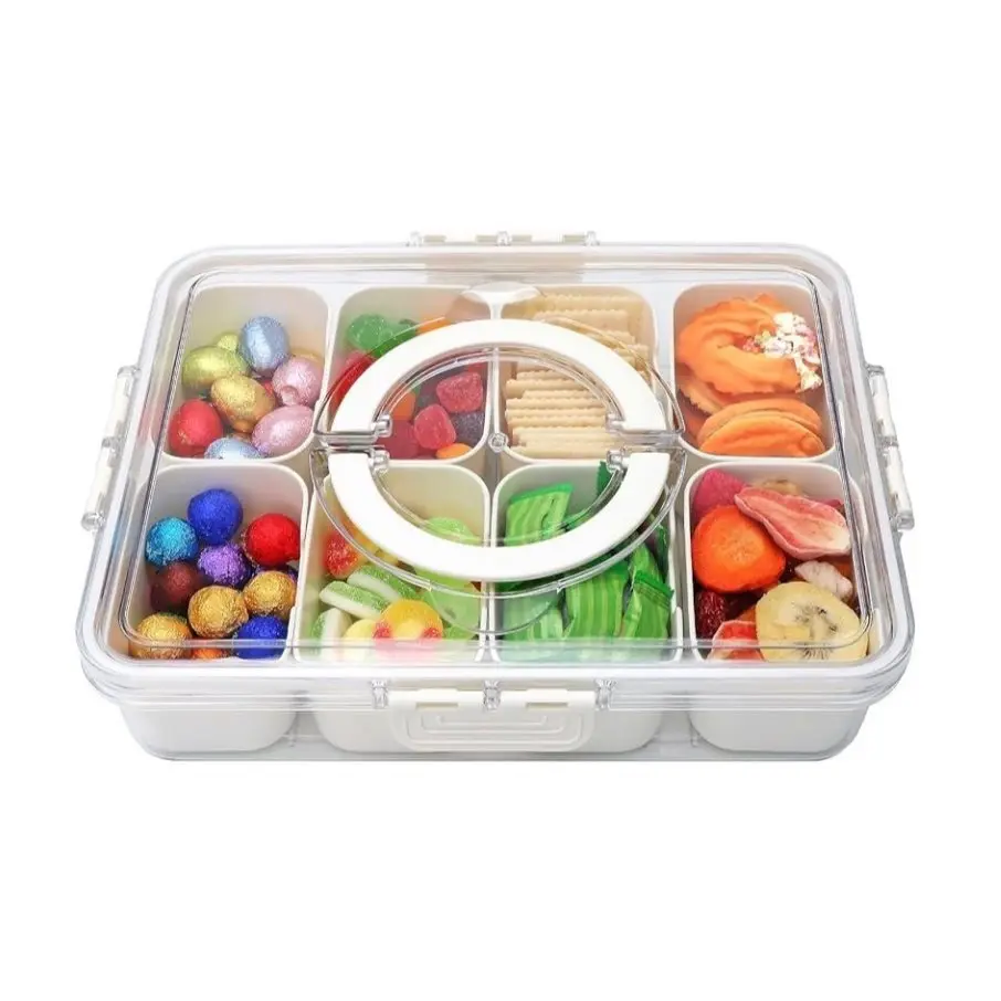 8 Compartment Transparent Snack Box with Lid & Handle, Plastic Kitchen Sealed Food Storage Container, Compartment Containers, Portable Food Organizer for Lunch, Travel, Camping