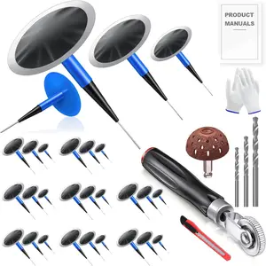 Tire Repair Patch Tool Kit Includes 24 count Tire Patch Plugs(1.42"&1.81"&2.36"),Tire Patch Roller,Tungsten Buffing Wheel and Twist Drill Bits,Tire Patch Kit for