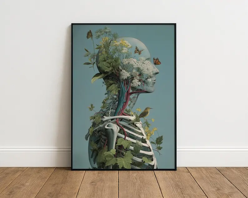 Apothecary Anatomy Wall Art, Natural History Style Botanical Skeleton Print [UNFRAMED]