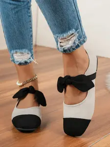 Women's Fashion Bowknot Colorblock Slip-On Rubber Flats, Casual Square Toe Low Heel Shoes, Comfortable Ladies Footwear for Daily Wear