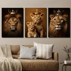 3-Piece Crowned Lion Family Canvas Art Set, Luxurious Apartment Villa Hotel Wall Decor, Modern Home Decor, Cozy Room Unframed Decoration, Canvas Prints