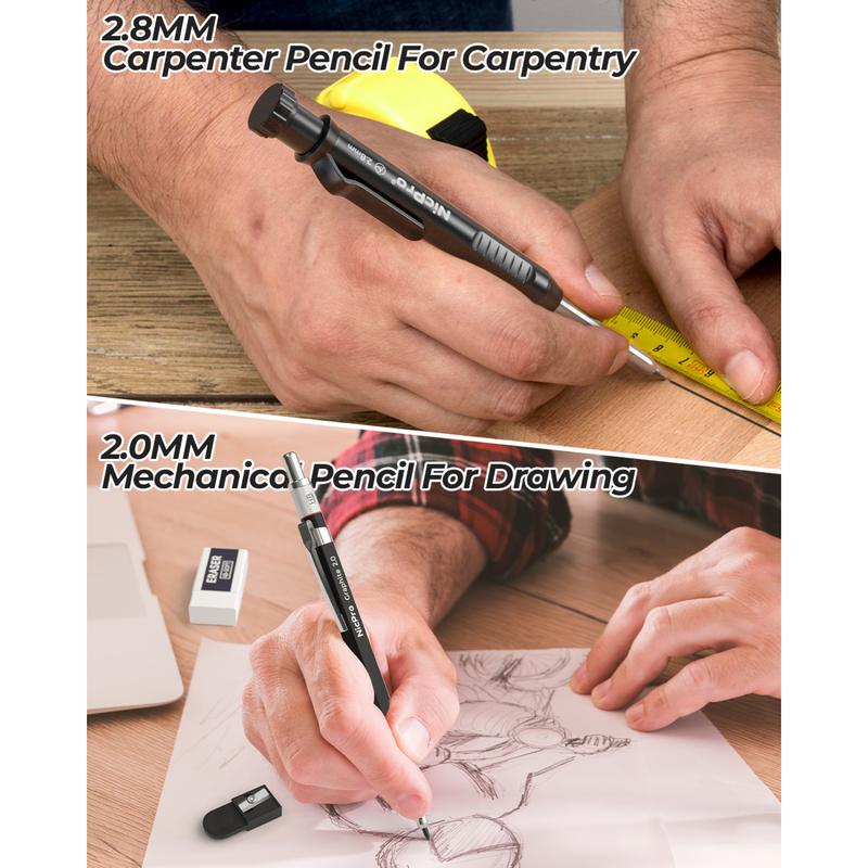 Nicpro 27 Pack Carpenter Pencils, with 100 Refill, Automatic Center Punch and Carbide Scribe Carpenter Tool, Construction Pencils for Woodworking, Carpenters Marking