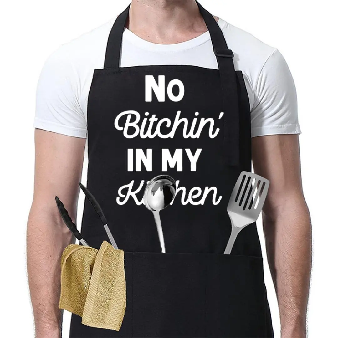 No Bitch Print Kitchen Apron, 1 Count Adjustable Neck Strap & 3 Pockets Apron, Kitchen Apron for Men & Women,Cooking Apron,Christmas Gift,Kitchen Essential,Garden Tool,﻿Cleaning Tool