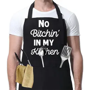 No Bitch in My Kitchen Pattern Apron, 1 Count Cool Kitchen Apron with Adjustable Neck Strap & 3 Pockets, Summer Unisex Polyester Apron, Kitchen Cooking Aprons