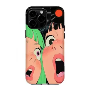 Retro Pop Art Shocked Girls Phone Case Vintage Comic Style with Vinyl Record Accent Edgy Phone Case Compatible for iPhone 17Promax 16 15 14 13 12 11 and for Samsung S21-S25 Perfect Gift for Fashion Girl Women Cute Phone Case