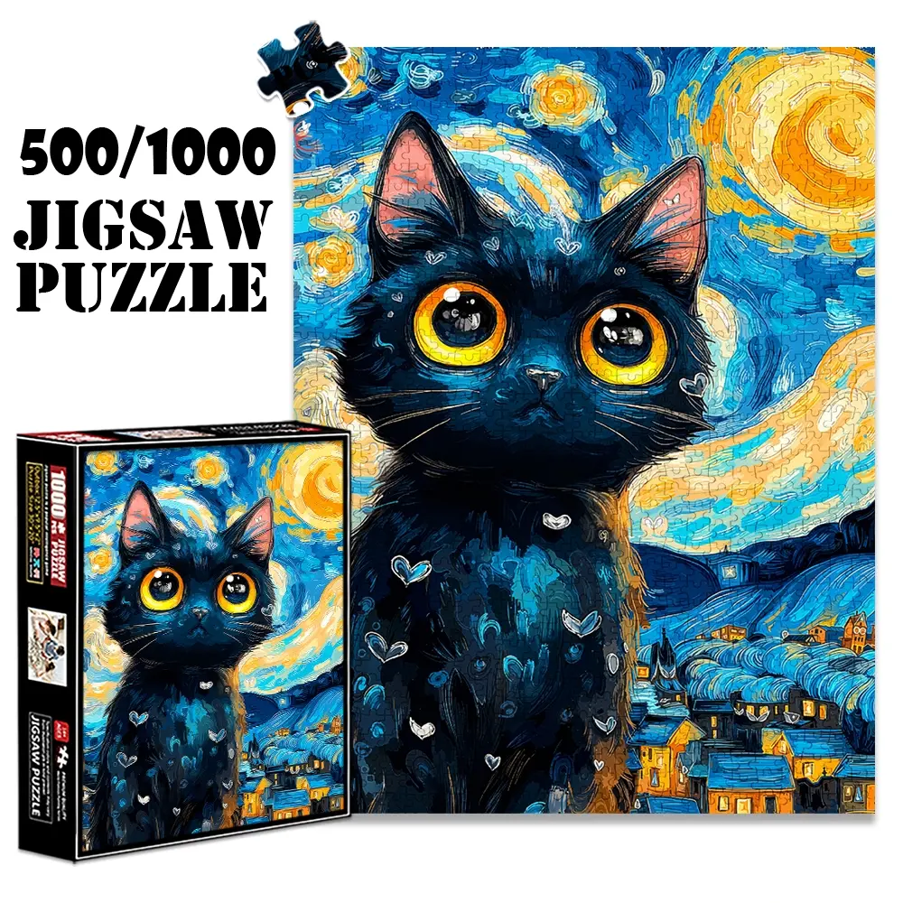 1pc 1000 piece adult puzzle 70x50cm Black Cat with Big Eyes Against Starry Night - Inspired Artwork 500 pieces paper jigsaw puzzle suitable for DIY creative games for adults and families, birthday