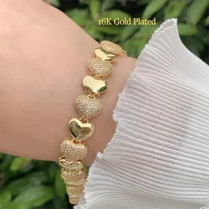 16K Gold Plated Love Heart Bracelet Gold Plated with Crystal Embellished Heart Charm Bangle Jewelry for Women Personalized Hip-hop Rock Fashion Wrist Jewelry 7.28inch+1.18Inch