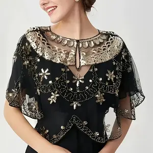 1pc Elegant 1920s Style Beaded Sequin Shawl - Polyester Vintage Lace Sleeves for Women, Embroidered Decorative Wrap for Weddings, Evening Gowns, and Formal Events, 100% Polyester, Hand Wash Only