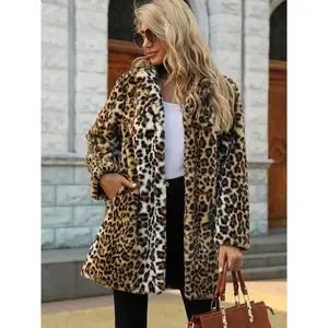 Women's leopard print long sleeved faux fur coat, 1 piece of autumn/winter casual open front coat, women's winter wear, women's daily wear