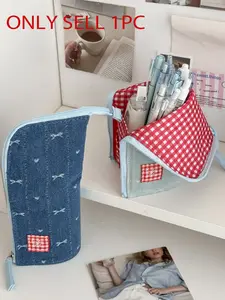 2026Denim Bow Embroidery Standing Pencil Case, Cute Korean Style Pen Bag, Foldable Large Capacity Stationery Organizer for Students, Multi-Use Storage Pouch with Plaid Patchwork