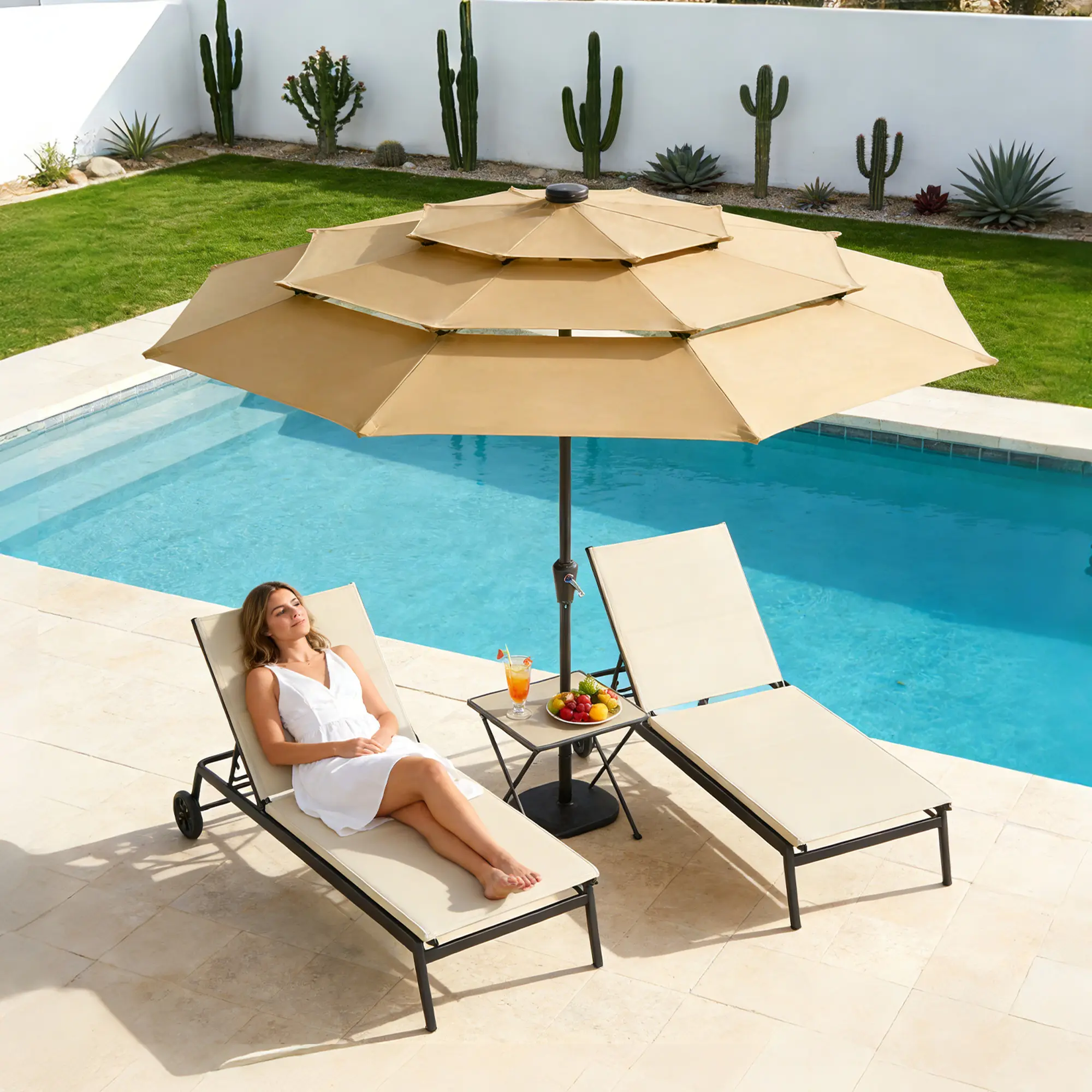 9ft Patio Umbrella with Solar Lights – 3-Tier Outdoor Umbrella, Tilt & Crank Function, 8 Sturdy Ribs, Windproof and UV-Resistant for Deck, Pool, or Yard