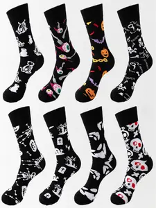 8 Pairs Halloween Socks for Men Women Couples, Trendy Crew Socks, Unisex All Seasons Fashionable Stockings, Fit