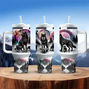 40oz Christmas Large Water Bottle with Handle, Bohemian Dreamcatcher and Wolf Pattern Printed Stainless Steel Insulated Tumbler, Keeps Drinks Hot and Cold, Suitable for Coffee, Milk, Beer and Beverages, Ideal Gift for Family and Friends