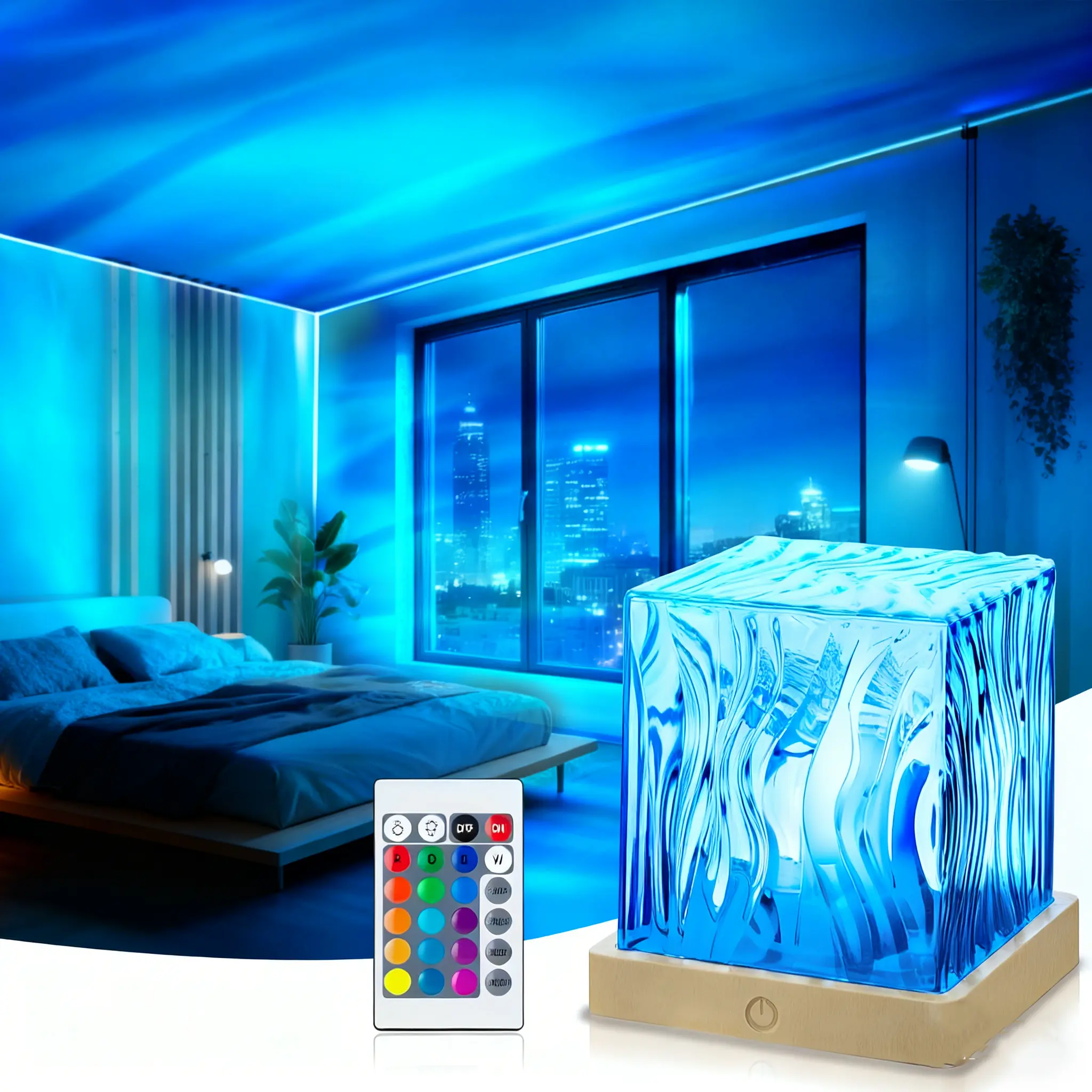 16-Color LED Night Light, Rotating Water Wave Light Projector, USB Powered, Dimmable Remote Lamp Ambient Lighting, RGB Table Lamp for Bedroom Decor, Party Decoration, Christmas Gift