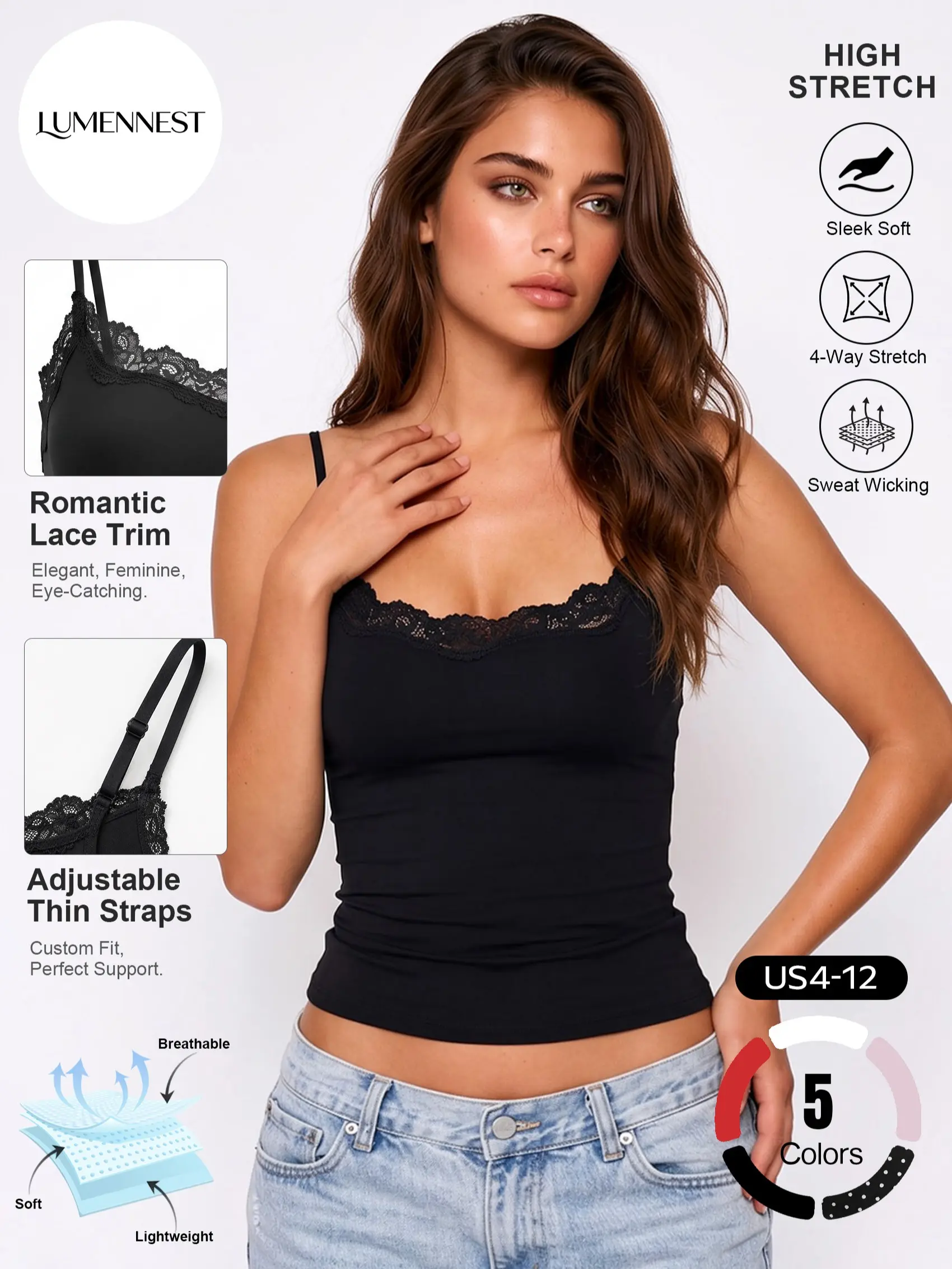 LUMENNEST  Women's Elegant Lace Trim Adjustable Strap Flattering Camisole, Solid Color Lightweight Moisture-Wicking Summer Tops, Breathable Quick-Drying Stretchy Going Out Outfit #TikTokMadeMeBuyIt #Camisole #EverydayWear