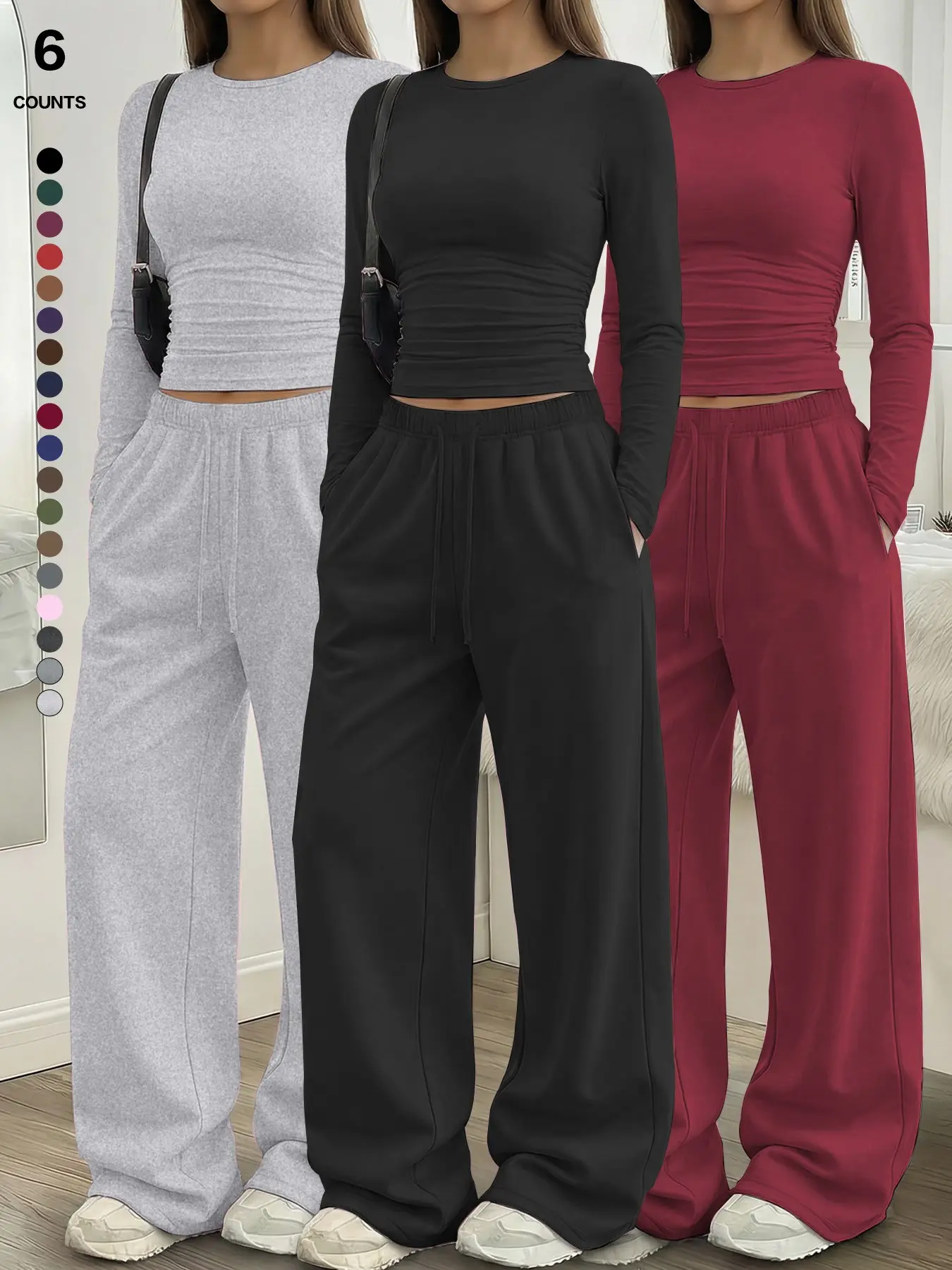 Women's Solid Ruched Drawstring Loungewear Set, Casual Long Sleeve Round Neck Top & Pocket Wide Leg Trousers, Spring Summer Sleepwear Pajama Set Women's Solid Ruched Drawstring Loungewear Set, Casual Long Sleeve Round Neck Top & Pocket Wide Leg Trousers, Spring Summer Sleepwear Pajama Set
