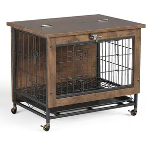 Double-Door Pet Crate Furniture, 26 Inch Indoor Dog House, Heavy Duty Wooden Kennel Side Table with Rustic Brown Finish, Chew-Resistant Dog Cage for Small Medium Dogs, Decorative End Table for Bedroom