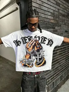 Men's T-shirt, short batwing sleeves, front and back graphic, street style, religious element cross prayer hand gesture pattern, suitable for everyday wear and parties, new 2026 style.