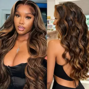 30 Inch  200 Density 1B/27 13x4 Balayage Highlight Ombre Body Wave Lace Front Wigs Blended Human Hair Honey Blonde Colored Lace Frontal Glueless Wigs Human Hair Pre Plucked for Women with Baby Hair