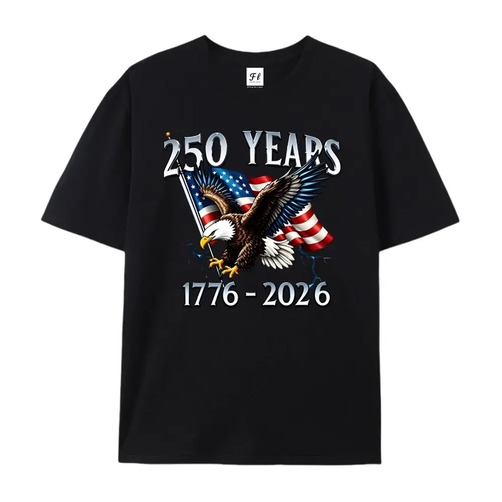 100% Men's Round Neck T-Shirt with Eagle Pattern |   250 Years 1776- 2026 United States Flag Design, Ideal for Thanksgiving, Christmas, Summer, and Casual Attire, Men's Casual Comfortable T-Shirt..