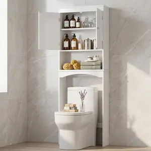 Over The Toilet Storage Cabinet, Bathroom Shelf Organizer with Anti-Tip Device & Doors, Small Freestanding Space Saver with Adjustable Shelf for Small Space, Laundry Room, Home Decor Furniture