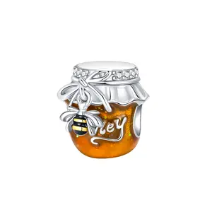 Sweet Honey Pot Bumble Bee Charm 925 Sterling Silver Amber Enamel Animal Charms Fit for Bracelets Necklace Jewelry Gift for Women