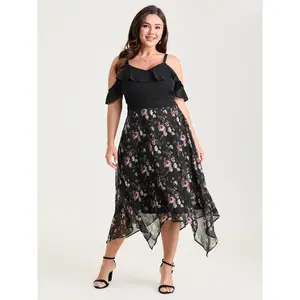 BLOOMCHIC Women's Plus Size Floral Print Off-Shoulder Shortsleeve Ruffled Midi Dress - Polyester Smooth Fabric, Flattering Fit, Casual Lady Garment, Pockets, [M-6X] Clothes, 2026 Summer Vibes,summerwins