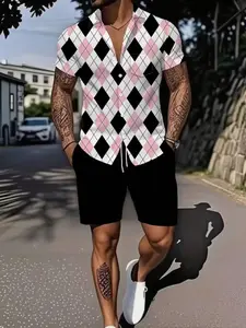 Summer Men's Checkered Casual Shirt Set, Breathable Sweat-Resistant, Cool Street Style, Fashion Party