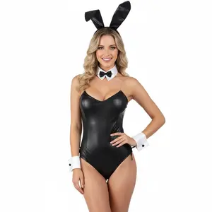 Women's Leather Jumpsuit Cosplay Costume, Ears, Sleeve Rings, Bow Tie Set, Hidden Button Design, Toy Accessories, Sizes S-XXXL