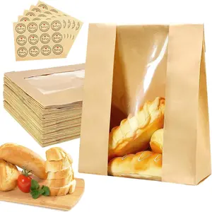 Larger 50 Pack Kraft Sourdough Bread Bags,50% Thicker Bread Bags for Homemade Bread,Pper Bakery Bags with Clear Window, Baked Food Packaging Storage,Bread Bags with Sealing Stickers(13.7x8.2x3.7 inch)