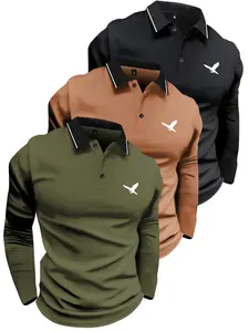 3pcs Pack Men's Spring & Fall Eagle Print Long Sleeve T-Shirt Polo Shirt Fashion Casual Sports Lightweight Top, Great Value 3-Pack, Suitable for Spring & Fall Wear, Perfect Gift for Him/Her, Street Style, Commuter, Outdoor, Vacation Appropriate