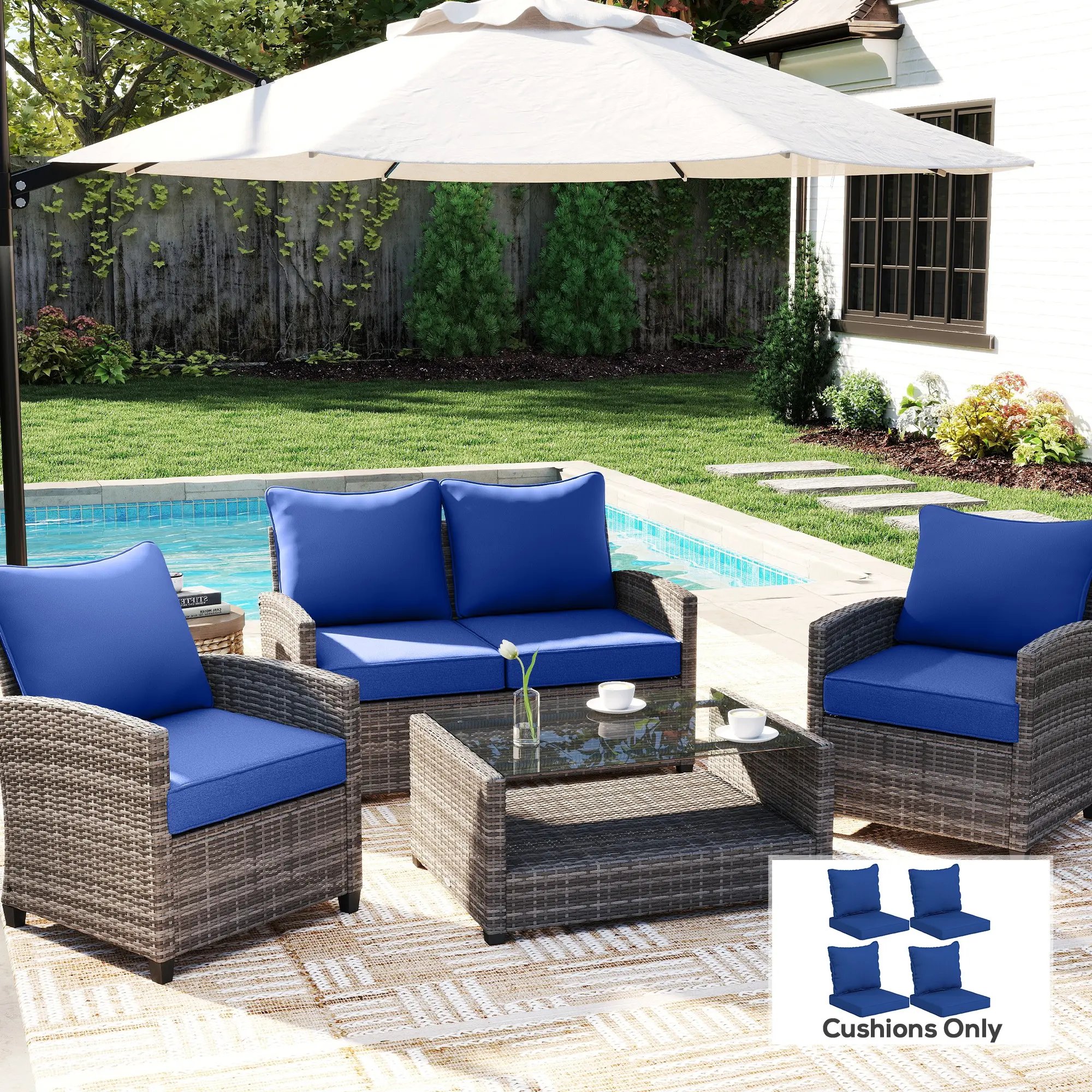 8 Outdoor Cushions for Chairs, Patio Chair Seat & Backrest Cushions with Fade-Resistant, UV-Resistant Navy Blue Quick-Drying Fabric, High-Density Foam, All-Season Durability
