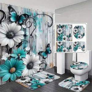 1/3/4 Pcs, Fashionable Minimalist Blue-Green & White Floral Butterfly Bathroom Set - Shower Curtain And Rug Series, Elegant And Practical Home Decor Gift. Bathroom Decor