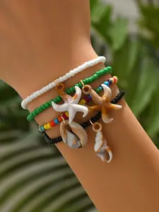 4 Piece Set Beaded Bracelets Fake Wind Shell Accessories, Unisex High-End Luxurious Hand Jewelry, Geometric Pattern, All Seasons