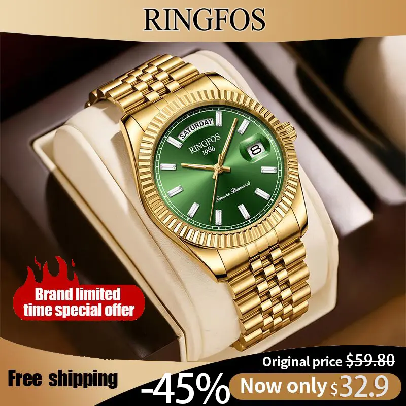【RINGFOS】Men's Swiss Luxury 40mm Round Quartz Watch - Stainless Steel Construction, Durable, Date Calendar, Glow Hands, Clasp Closure, Battery-Powered, Suitable for Business Meetings & Casual Wear, Fashion Sports Timepiece